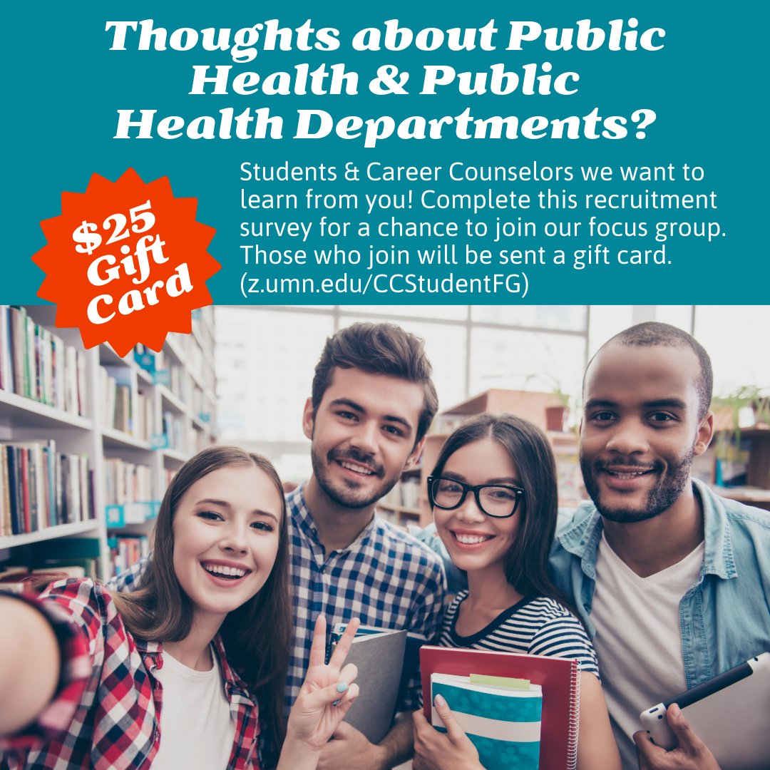 We want to learn from you. What are your thoughts on public health and health departments? Complete this recruitment survey and if selected for a focus group we’ll give you a $25 gift card.
z.umn.edu/CCStudentFG
#PublicHealthOpinions #HealthDapartmentOpinions <a href="/NACCHOalerts/">NACCHO</a>