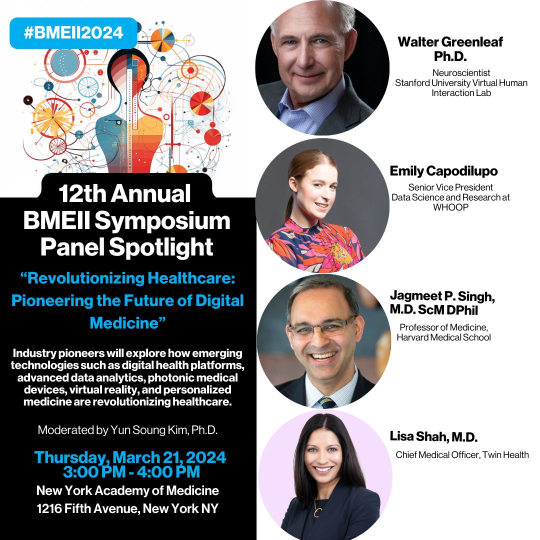 Just a day away from the 12th Annual BMEII Symposium, here are our last two captivating Panel Spotlights: MRI Tesla Wars and evolutionizing Healthcare: Pioneering the Future of Digital Medicine. @JThomasVaughan @WalterGreenleaf @DrLisaShah @JagSinghMD