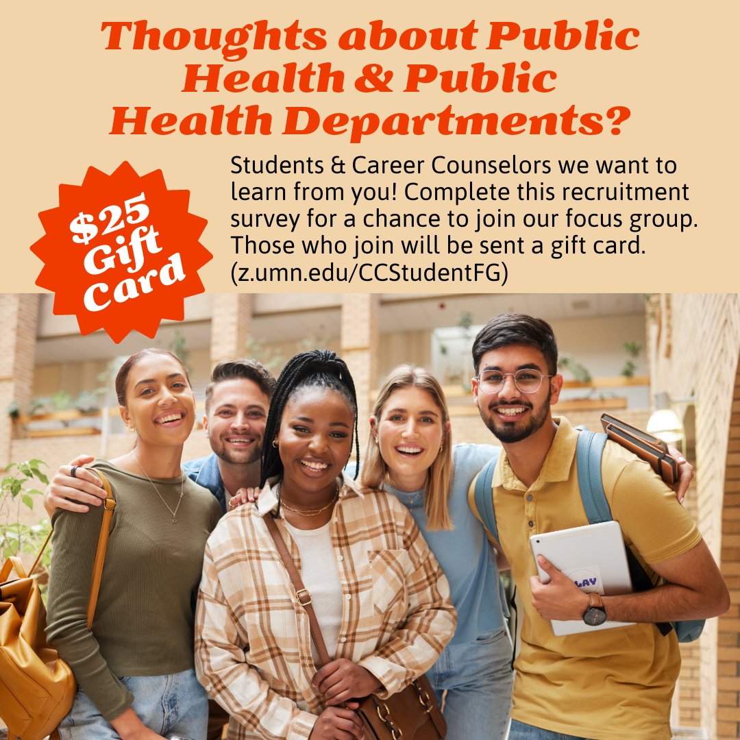 Want to influence how public health and health departments influence recruitment and retention? 

Click the link below to complete this survey and if selected for a focus group we’ll give you a $25 gift card.
z.umn.edu/CCStudentFG
#PublicHealthOpinions #HealthDepartmentOpinions