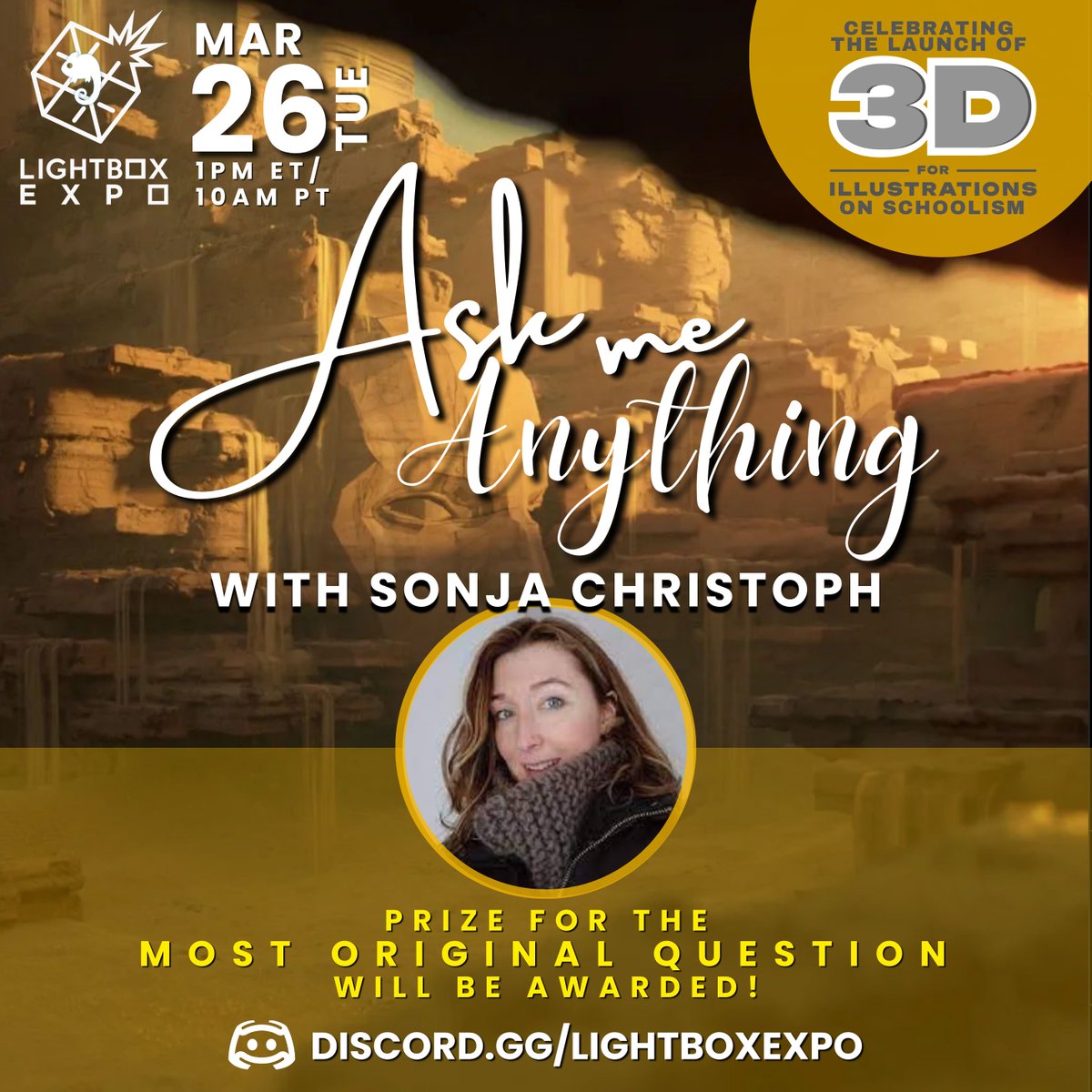 Join artist Sonja Christoph LIVE on the Lightbox Expo Discord for an epic Ask Me Anything! Come prepared with an original question for a chance to win a prize! 📅 Date: March 26 Tue 📷 Time: 10am PT/ 1pm ET 📍 Place: discord.gg/lightboxexpo