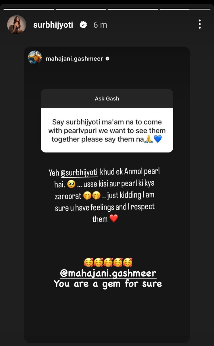 Aww so cute 🥰🥰🥰🤩🤩 In Today's Ask Session Some fun and sweet reply by Gashmeer and Surbhi ❤️❤️👌 #GashmeerMahajani #SurbhiJyoti Can't wait to see you both in upcoming webseries 🤩✌️