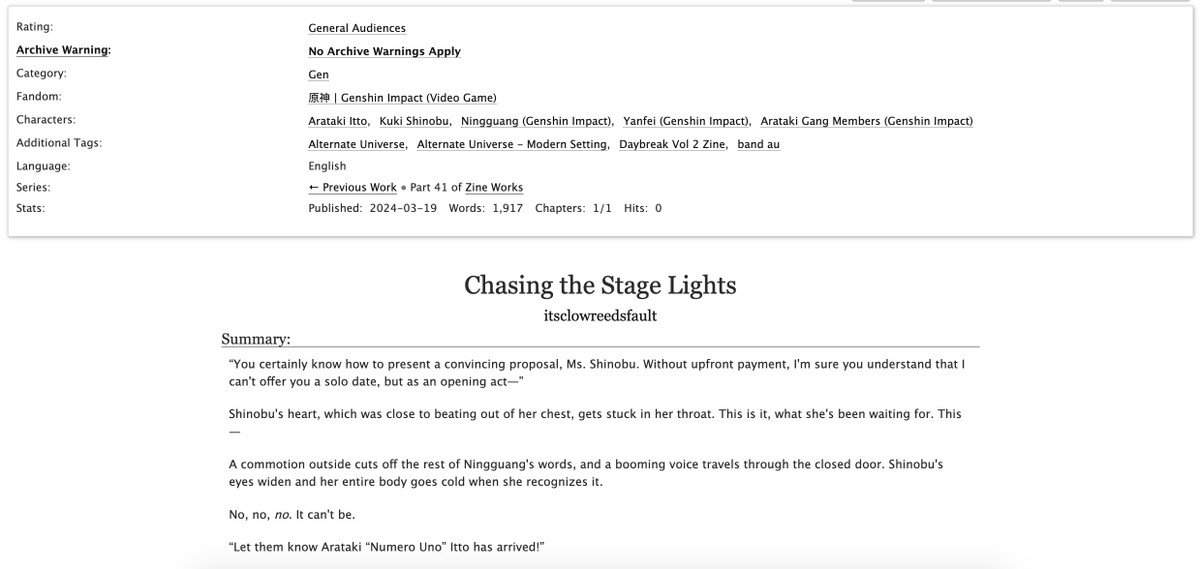 thais / itsclowreedsfault (@clowreedsfault) on Twitter photo Chasing the Stage Lights | #genshinimpact
Kuki Shinobu, the Arataki Gang's band manager, tries to land them a venue for their first official concert.
My full piece for Vol. 2 of <a href="/GenshinFanzine/">Daybreak Zine Vol 2 @ Leftovers Period!</a> ๐
Link below โฌ๏ธ Chasing the Stage Lights | #genshinimpact
Kuki Shinobu, the Arataki Gang's band manager, tries to land them a venue for their first official concert.
My full piece for Vol. 2 of <a href="/GenshinFanzine/">Daybreak Zine Vol 2 @ Leftovers Period!</a> ๐
Link below โฌ๏ธ
