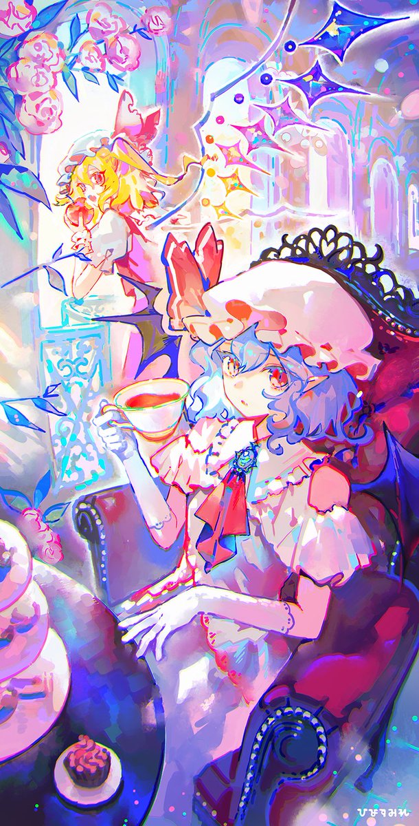 flandre scarlet ,remilia scarlet looking at viewer open mouth short hair shirt skirt blonde hair multiple girls  illustration images