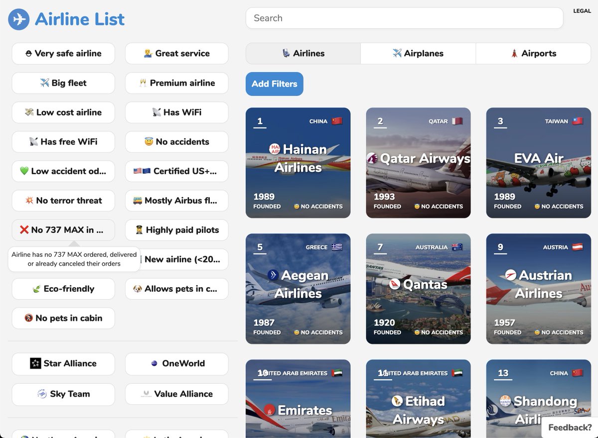 levelsio's tweet image. Most people don't know I made this and the UX is quite clunky but it works:
✈️ airlinelist.com
It collects data on most airlines and airplane models
With all the Boeing news, you can use it to find airlines which do NOT have shitty Boeing planes like the 737 Max (now…