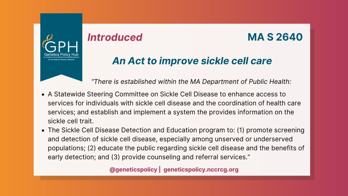 On March 12, 2024, the #MA Senate introduced a bill to establish a statewide Steering Committee on #SickleCell Disease; and the Sickle Cell Disease Detection and Education Program within <a href="/MassDPH/">Mass. Public Health</a>. Learn more at: bit.ly/4cl1CxM