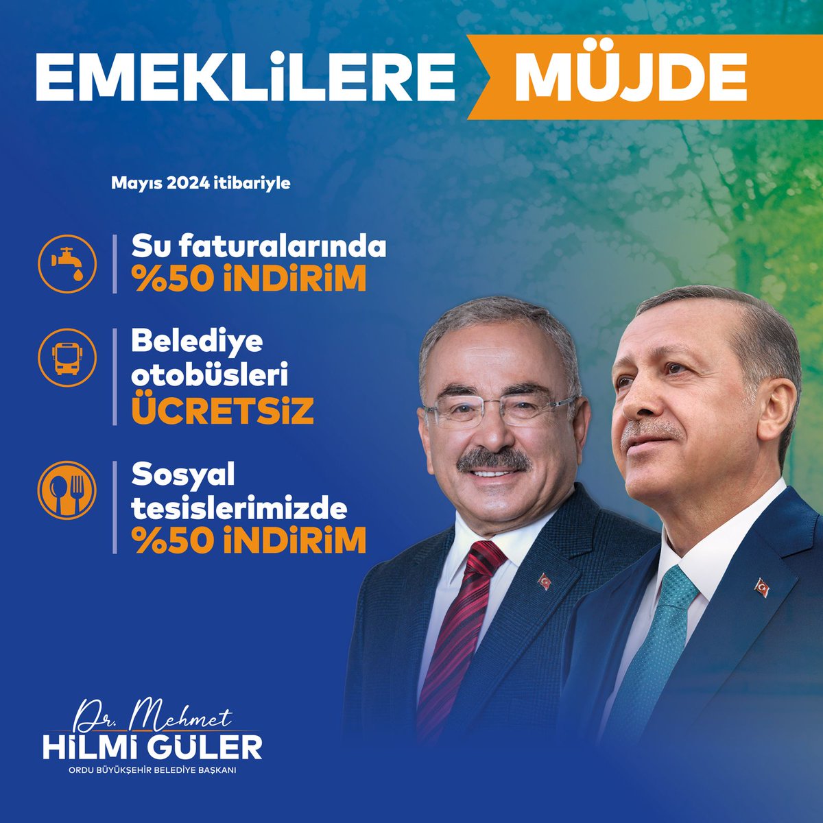 mhilmiguler's tweet photo. ORDU'DA İKAMET EDEN EMEKLİLERE MÜJDE ✨

19 ilçemizin tamamına kazandıracağımız yaşlı bakım merkezleri ve ücretsiz ikramların sunulacağı yaşlı çınarlar lokaline ilaveten;

👉 Su faturalarında %50 indirim

👉 Ücretsiz ulaşım

👉 Ordu Büyükşehir Belediyesi Sosyal Tesisleri’nde %50 indirim

HAYIRLI UĞURLU OLSUN ❤️