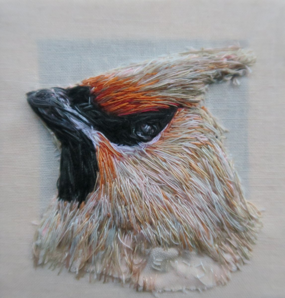 Waxwing miniature bird thread painting, hand embroidered artwork. Comes in a white frame. emilytull.co.uk/store/p157/wax… #EarlyBiz #MHHSBD