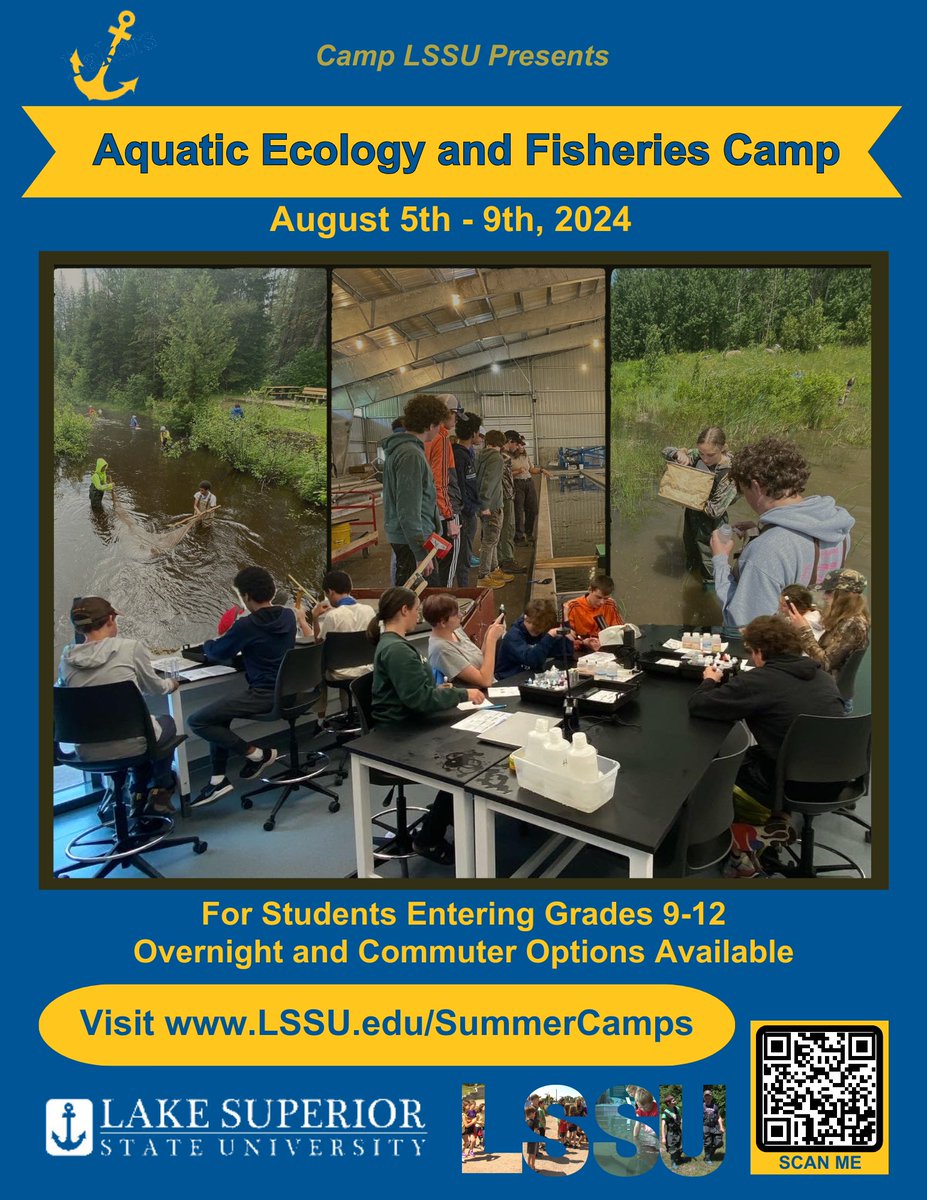 Join us for LSSU’s Aquatic Ecology and Fisheries Camp to learn basic fish and aquatic invertebrate identification, participate in hands-on lab experiments, and use sampling techniques and equipment used widely in the fisheries field! Overnight and commuter options available!