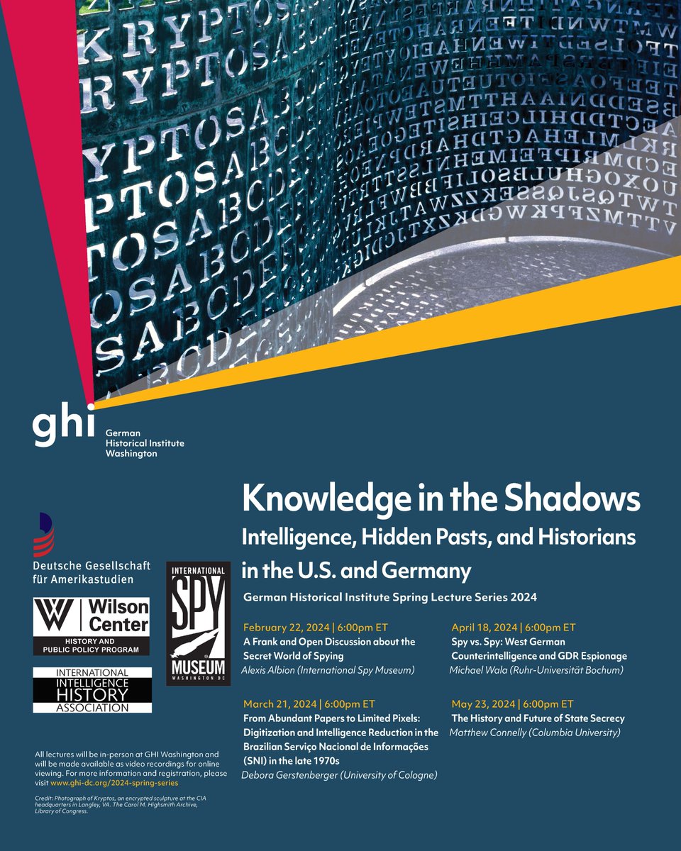 🎟️ Tickets are still available for our next 'Knowledge in the Shadows' lecture series on the history of intelligence! Looking forward to Thursday's talk by Debora Gerstenberger on what was lost in the digitization of Brazil's intelligence service files… ghi-dc.org/events/event/d…