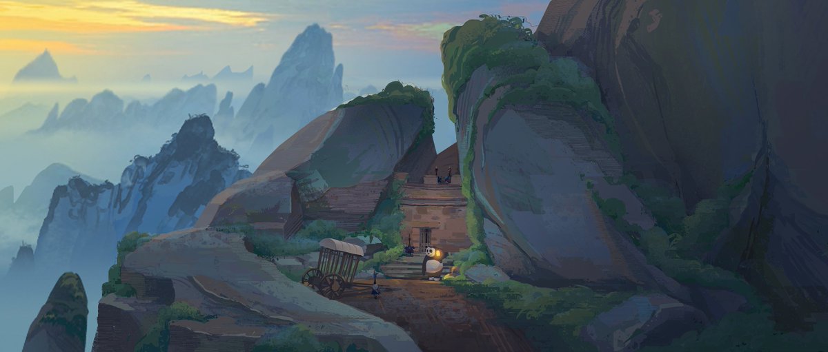 The jail cell where Po & Zhen make a deal 🐼 I got to light this exterior in the Valley of Peace where we played with the sun rising and setting ☀️ #KungFuPanda4 (zoom in for tiny Po + jail cell guards!) #visdev