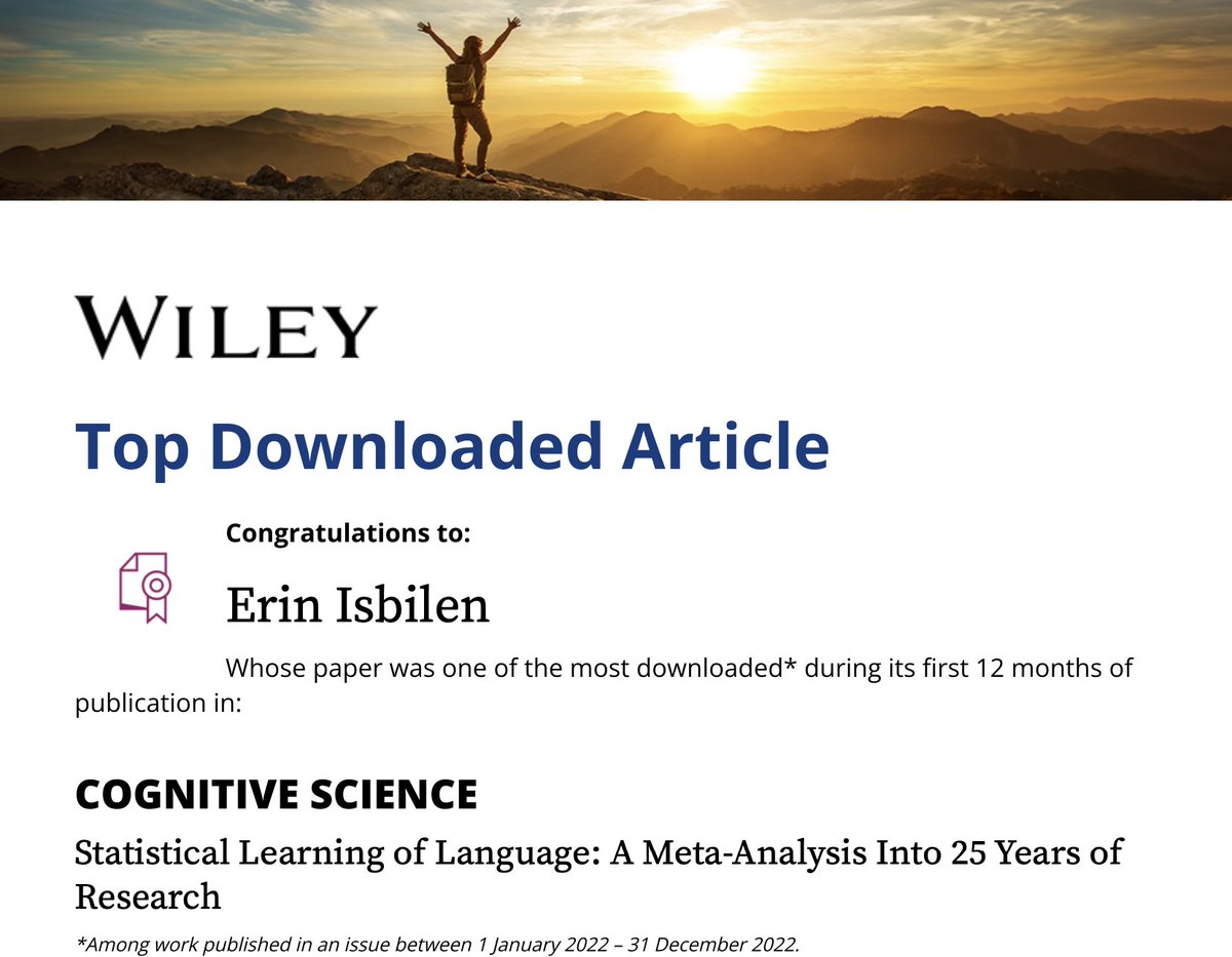 My meta-analysis with @MH_Christiansen of 600+ studies on auditory-linguistic statistical learning was among the top downloaded articles in Cognitive Science @cogsci_soc in 2022. Want to learn more about what we found? Read on at: onlinelibrary.wiley.com/doi/epdf/10.11… #TopDownloadedArticle