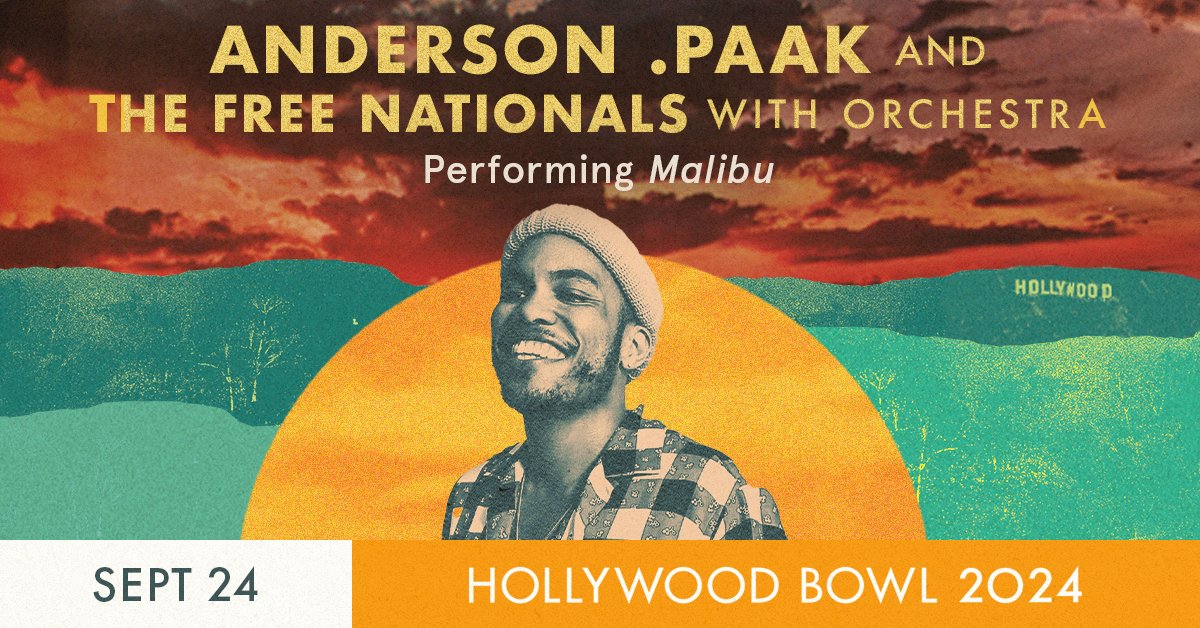 Just Announced! For the first time ever, Anderson .Paak and @freenationalsxx perform with orchestra. The eight-time Grammy winner is joined by conductor @derrickhodge and Color of Noize Orchestra to perform songs from “Malibu” and more on September 24 at the Bowl. Learn more…