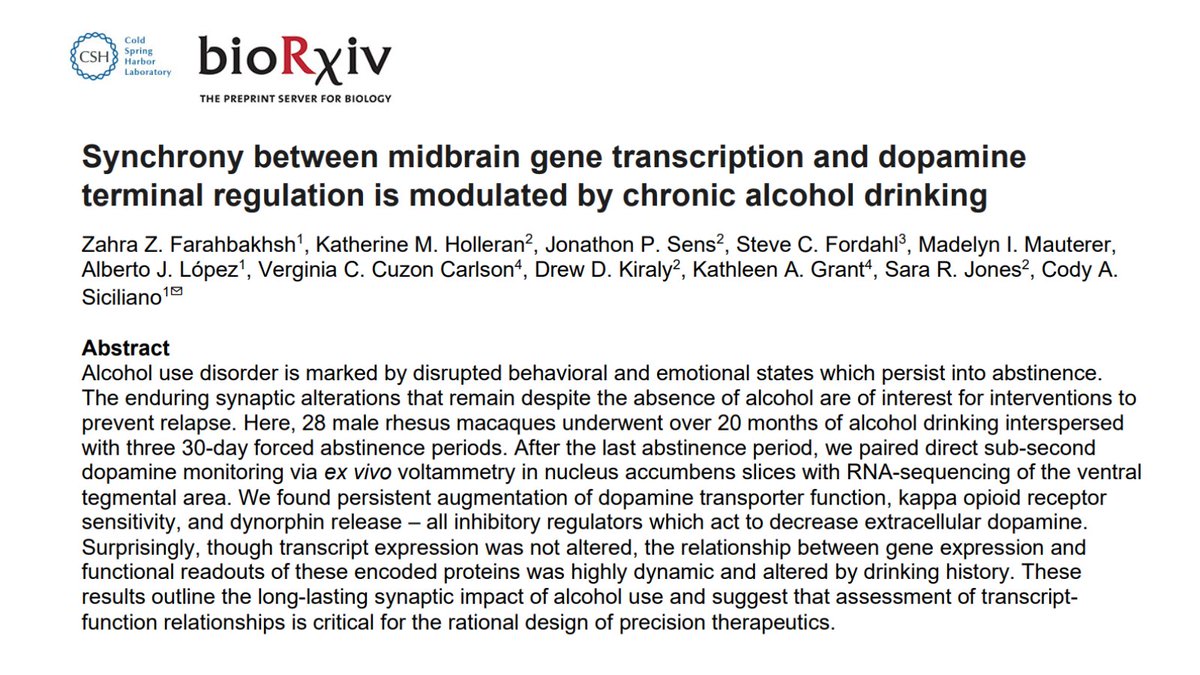Excited to have this preprint out in @biorxiv_neurosci! We combined years of 🐒 drinking behavior with dopamine monitoring & RNA-sequencing to show that long-term alcohol withdrawal disrupts endogenous signaling in the brain 🍻🧠(1/3)

Read here: biorxiv.org/content/10.110…