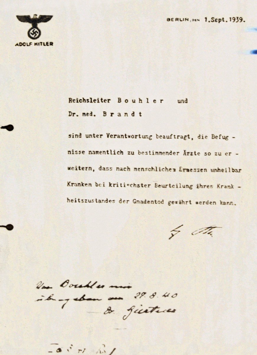 Hitler's letter, part of Aktion T4, authorizing the mercy killing (Gnadentod) of the "incurably sick."