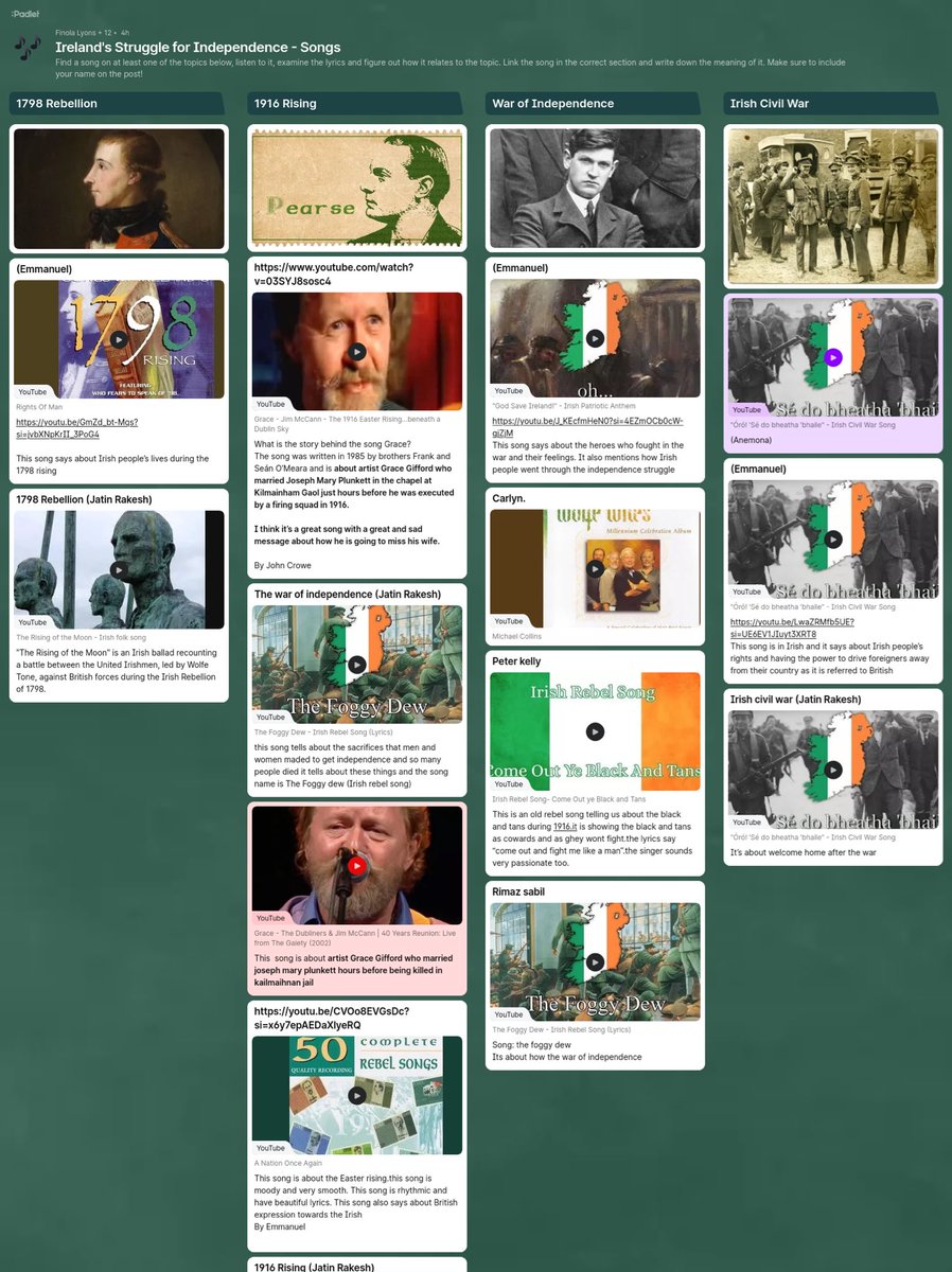 Pres_Terenure's tweet image. To mark the end of this term’s topic, 2 Collins researched music based on Ireland’s struggle for independence and shared their top pick with the class 📑🎶 #ITskills #padlet #histedchatie 

@CityofDublinETB @padlet
