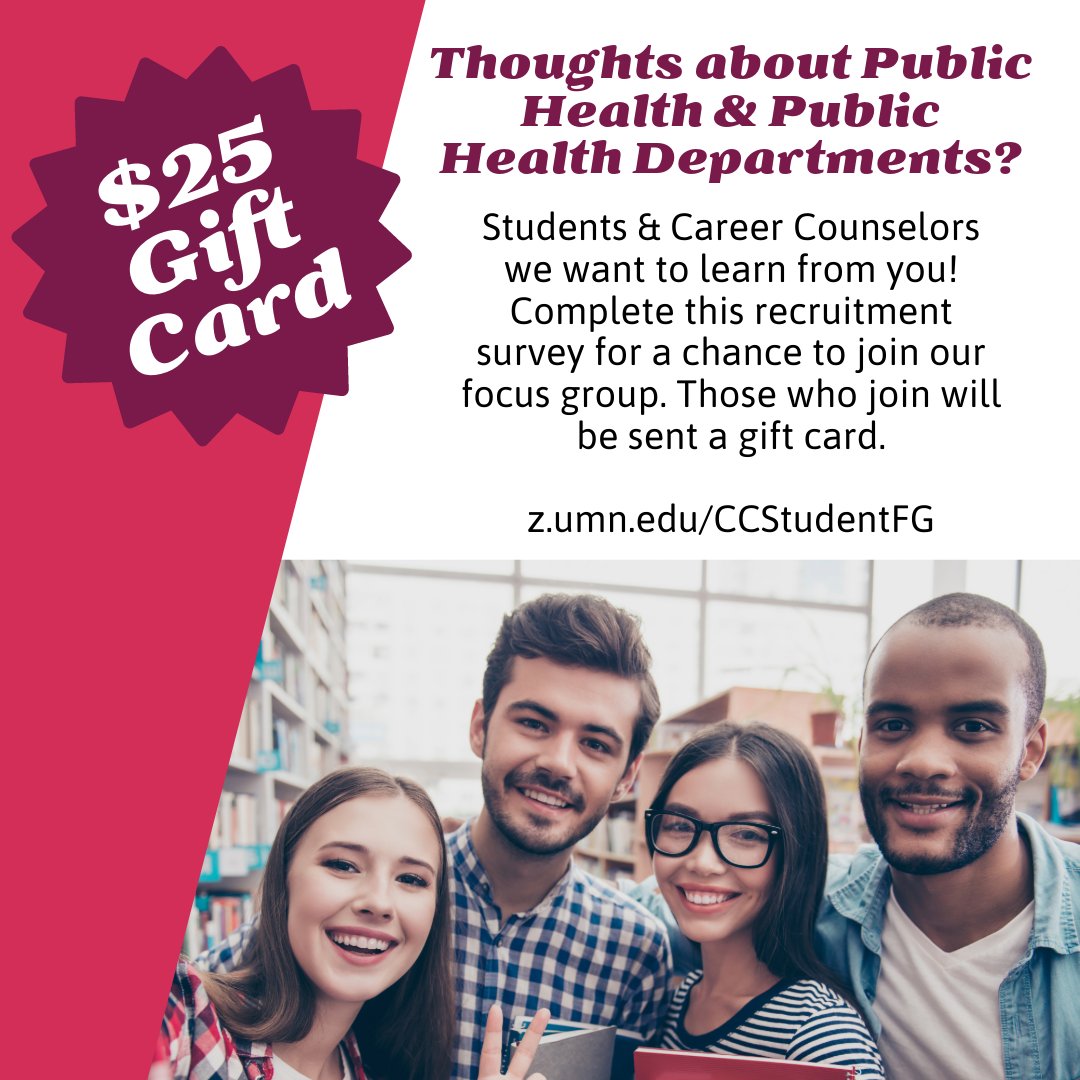 Want to influence how public health and health departments influence recruitment and retention?

Click the link below to complete this survey and if selected for a focus group we’ll give you a $25 gift card.
z.umn.edu/CCStudentFG <a href="/NACCHOalerts/">NACCHO</a>
#PublicHealthOpinions