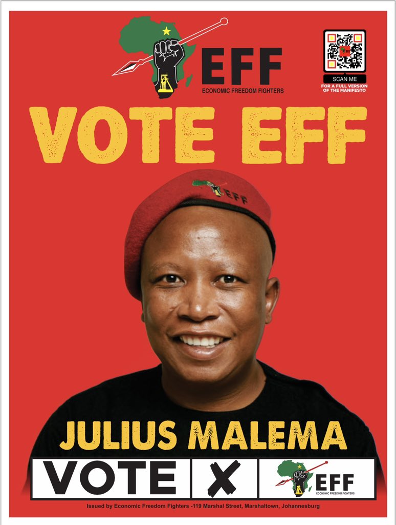 KETSO4LIFE's tweet photo. According to my new research the EFF is going to win the elections on the 29th of May. 
1. EFF 54%
2. ANC of Cyril Ramaphosa 18%
3. MK Party 10%
4. ATM 6%
5. Racist DA 5%
6. IFP 3%
7. PAC 3% 
7. ActionSA if Hairman 1%
8. Mapantiti party 0% https://t.co/DVgQrkvXLB