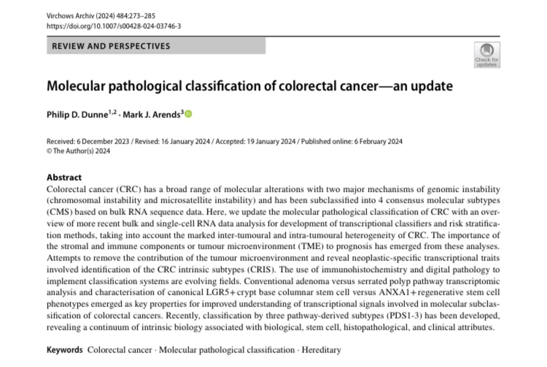 Great to see this published this month. Really enjoyed writing this with Prof Mark Arends (as part of our joint CRUK Scotland Centre) to give an update from a molecular pathology view of subtypes in CRC. @QubPGJCCR @CRUK_SI @EdinCRC @EdinburghUni link.springer.com/epdf/10.1007/s… 👇