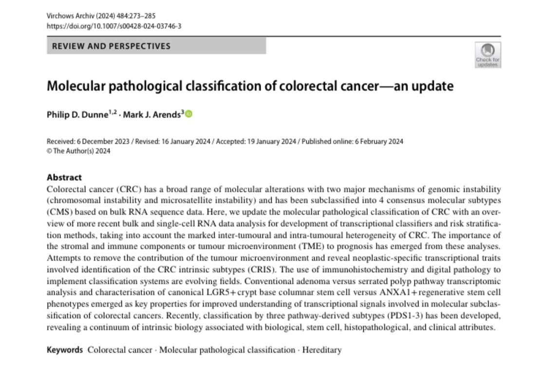 Philip Dunne (@drpipdunne) on Twitter photo Great to see this published this month.
Really enjoyed writing this with Prof Mark Arends (as part of our joint CRUK Scotland Centre) to give an update from a molecular pathology view of subtypes in CRC.
<a href="/QubPGJCCR/">The Patrick G Johnston Centre for Cancer Research</a> <a href="/CRUK_SI/">CRUK Scotland Inst</a> <a href="/EdinCRC/">Edinburgh Cancer Research</a> <a href="/EdinburghUni/">The University of Edinburgh</a>
link.springer.com/epdf/10.1007/s…
👇 Great to see this published this month.
Really enjoyed writing this with Prof Mark Arends (as part of our joint CRUK Scotland Centre) to give an update from a molecular pathology view of subtypes in CRC.
<a href="/QubPGJCCR/">The Patrick G Johnston Centre for Cancer Research</a> <a href="/CRUK_SI/">CRUK Scotland Inst</a> <a href="/EdinCRC/">Edinburgh Cancer Research</a> <a href="/EdinburghUni/">The University of Edinburgh</a>
link.springer.com/epdf/10.1007/s…
👇