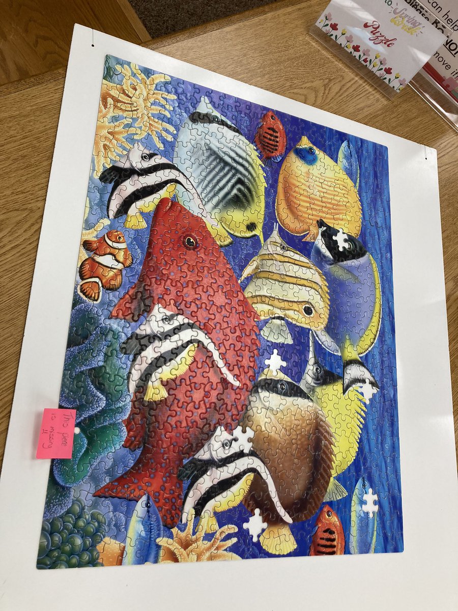 SmnHenley's tweet photo. There are several pieces missing, but our first puzzle of the year is complete! Time to get out a new one! #jclibraries https://t.co/60VCkN4rPo