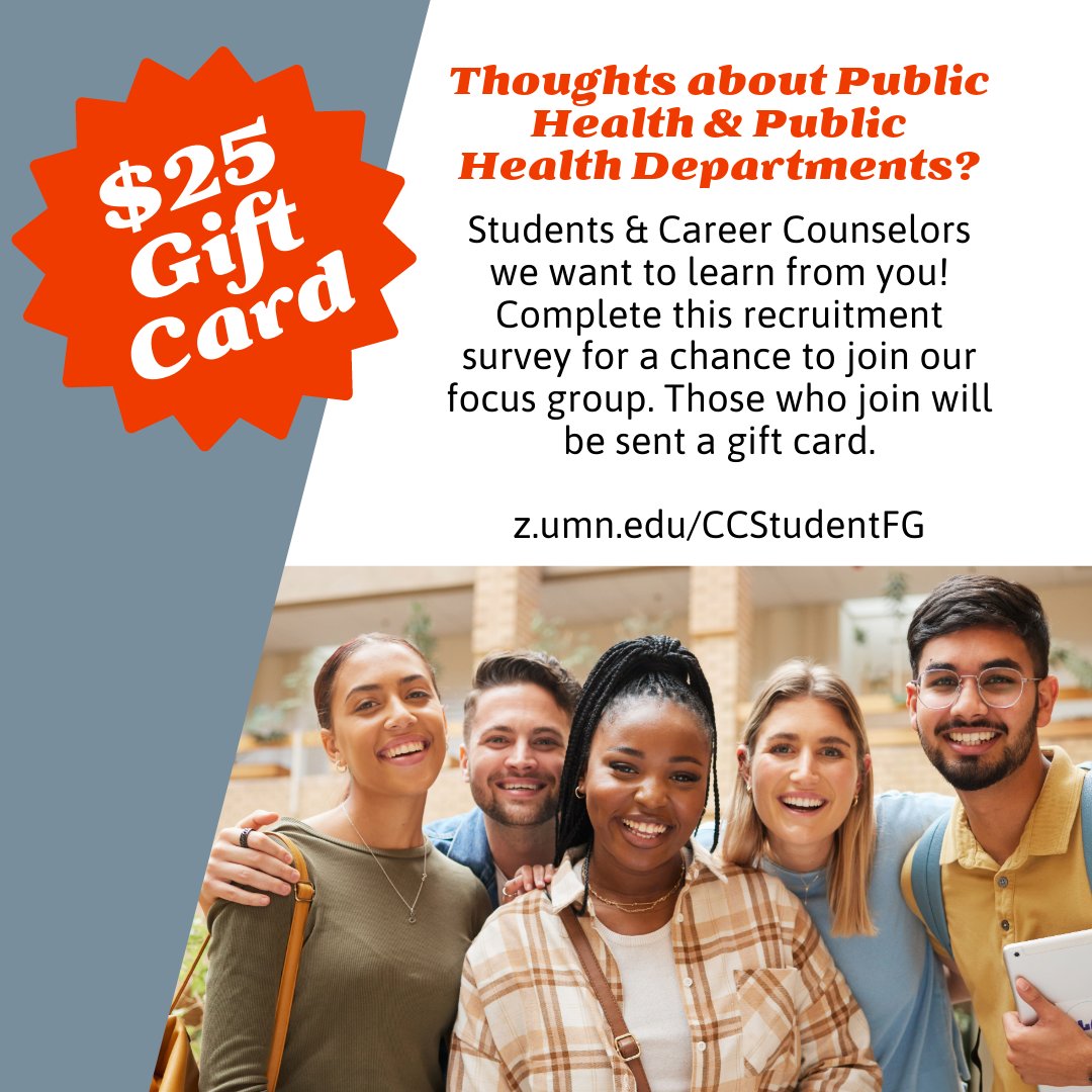 Want to influence how public health and health departments influence recruitment and retention?

Click the link below to complete this survey and if selected for a focus group we’ll give you a $25 gift card.
z.umn.edu/CCStudentFG <a href="/NACCHOalerts/">NACCHO</a>
#PublicHealthOpinions