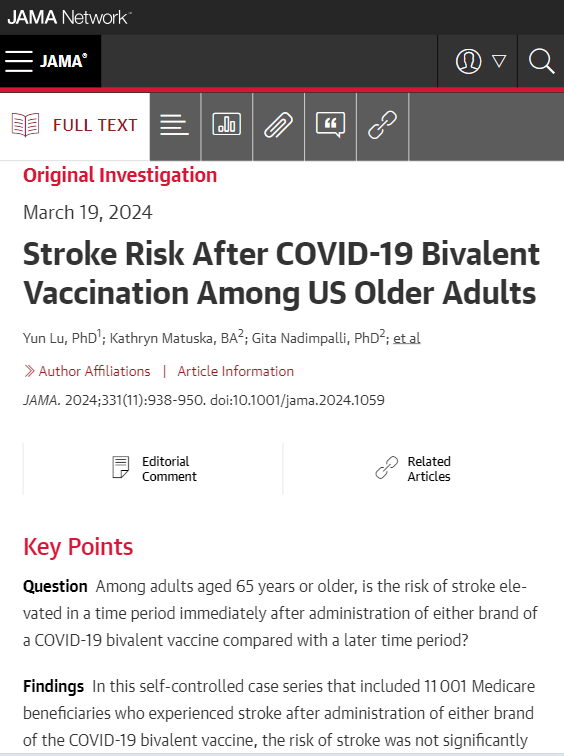 In this self-controlled case series among Medicare beneficiaries ≥65 years, the primary analysis showed no evidence of a significantly elevated stroke risk during the days immediately after administration of either brand of the COVID-19 bivalent vaccine. ja.ma/3TlHGCd