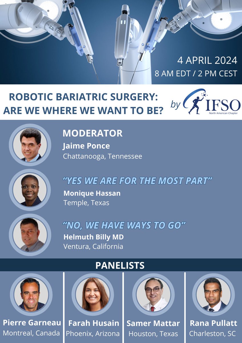 Robotic Bariatric Surgery: Are We Where We Want To Be? Join the IFSO North American Chapter for a webinar titled, 'Robotic Bariatric Surgery: Are We Where We Want To Be?' Register To Attend: us06web.zoom.us/webinar/regist…