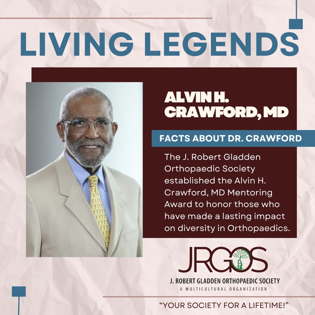 Honoring living legends in Orthopaedic Surgery: Alvin H. Crawford, MD 

Step into the legacy of excellence of Alvin H. Crawford, MD!

#LivingLegends #OrthopaedicExcellence #DiversityInMedicine #AlvinHCrawfordMD #GladdenSociety #JRGOS #JRGOSProud