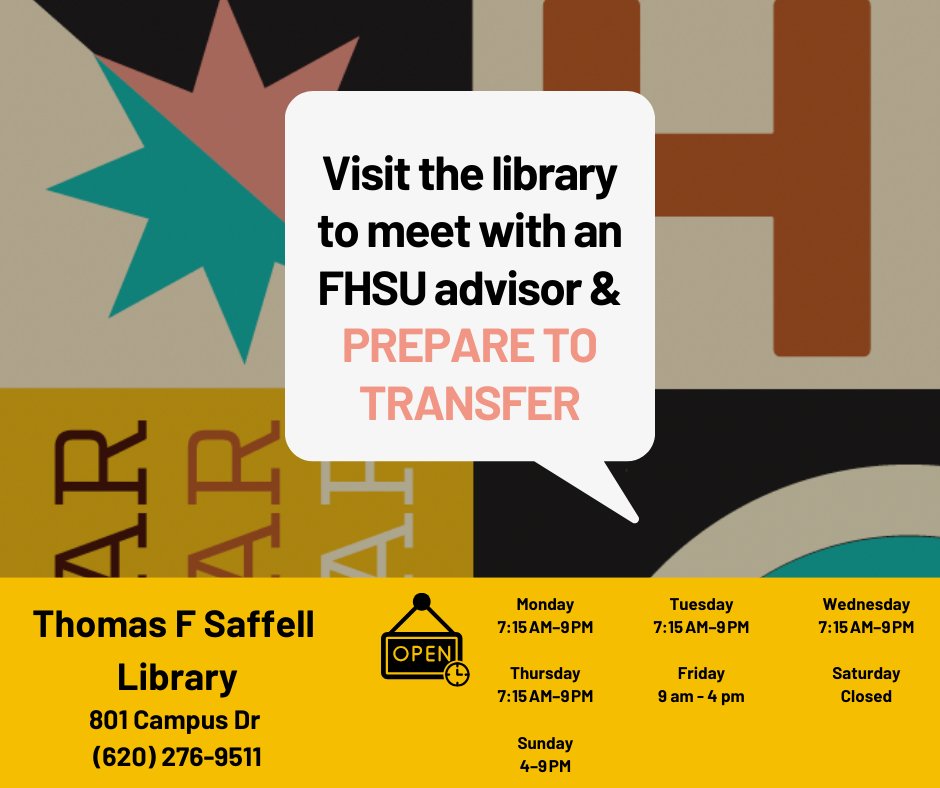 fhsuadmissions's tweet image. Are you in the Garden City area and looking to transfer to @FortHaysState? Located right off the library lobby you can find your personal admissions advisor, Mercedes, who will help you prepare to transfer! #fhsu #tigertransfers #seeyourselfhere @mercedesfhsu