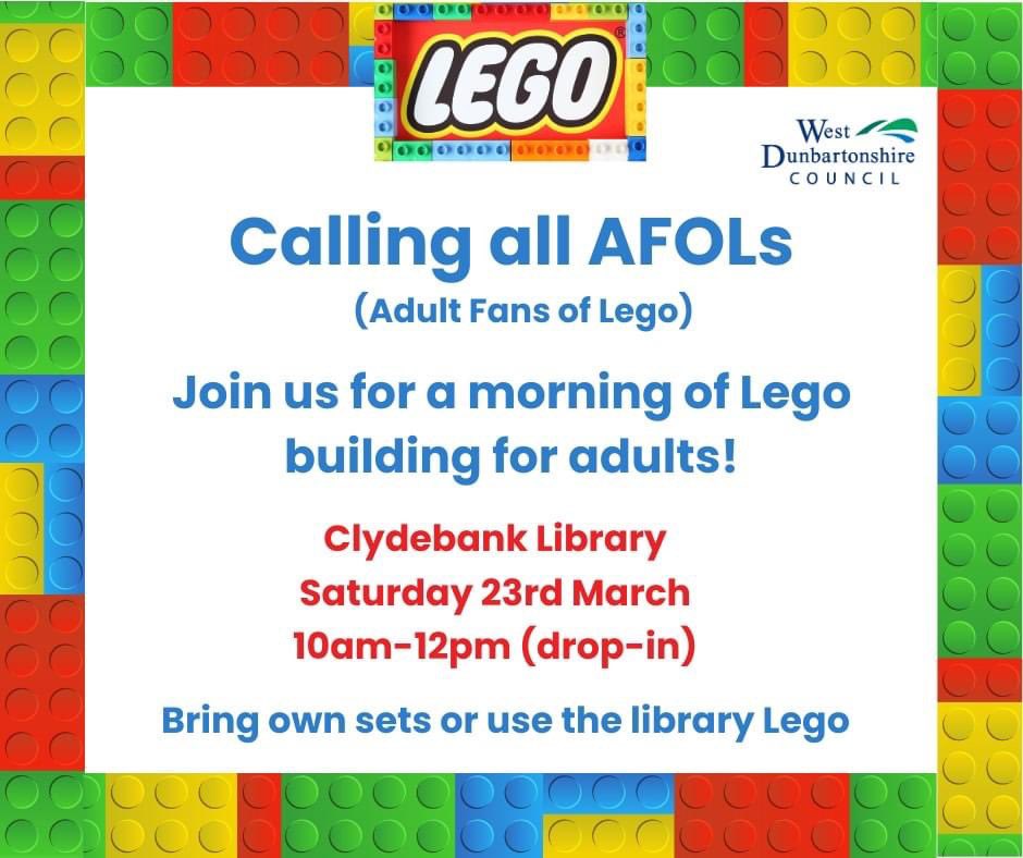 Are you an adult who loves #Lego? If so, we'd love you to join us for a morning of building in #Clydebank library this Saturday. Saturday 23rd March Drop-in from 10am to 12pm, no need to book Bring your own set or use the library Lego