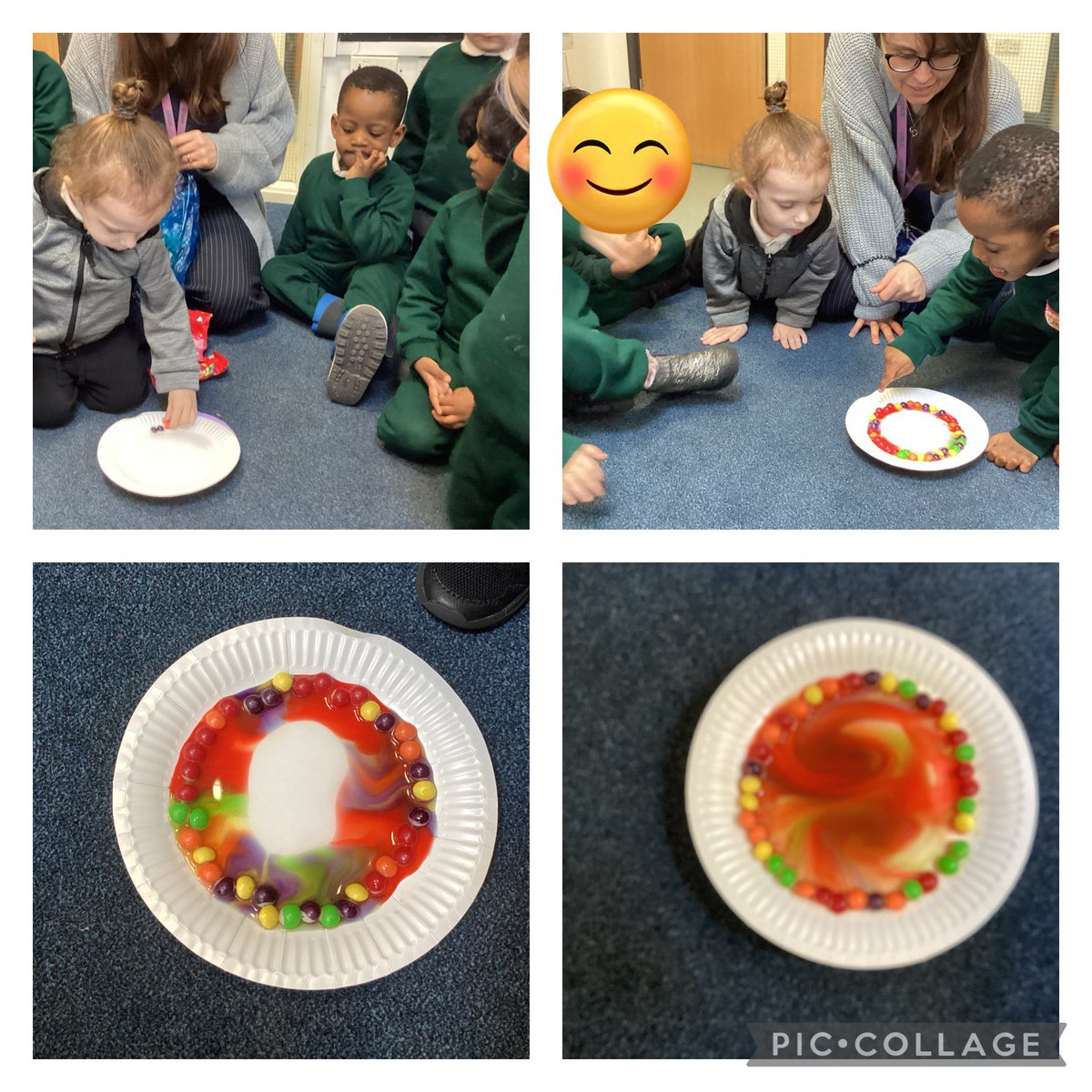 SMA_Nursery's tweet photo. Today we did an experiment using skittles and water. We discussed what might happen. The children said it would melt and turn into a rainbow. We placed the skittles around the plate and then added warm water. We loved watching the colours mix together! @StMargarets_ #SMAScience https://t.co/tqNdGQZvmW