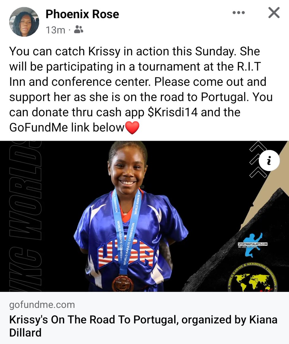 QianaPerry79's tweet photo. Come out & support Krissy on her "Road to Portugal." Next tournament, 3/24. She's a CHAMPION! We love you Krissy! #YouRock #KarateKris #NationalTeam #PortugalBound #KarateKid #MiFamilia #Mine β£οΈ #DillardStrong
#WorldChampionship #WORLDS https://t.co/APqa8Owgoj https://t.co/EccciP0lH7