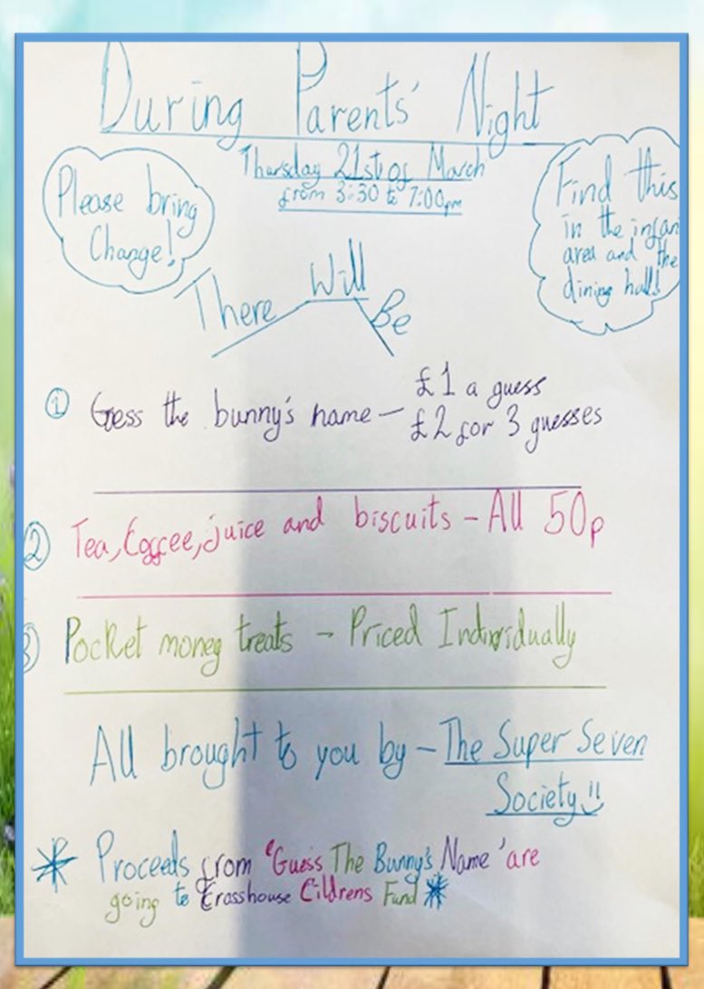This Thursday (21st) is our final parents evening. Our Super Sevens Society have organised some delicious refreshments for you to purchase during your visit. All proceeds will go towards our P7 final year activities. Please see attached posters for further information.