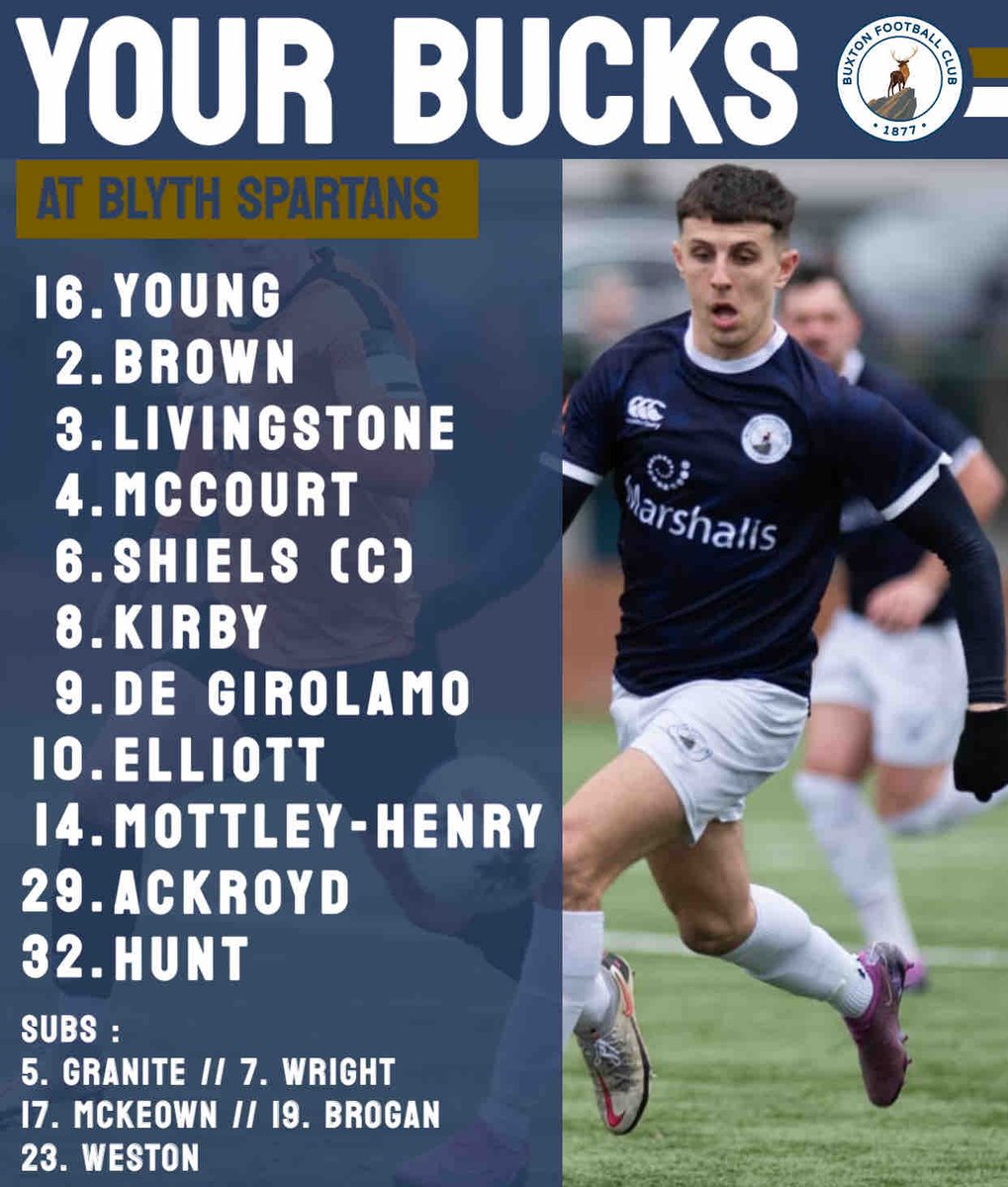 📋⚽️ | 𝗧𝗘𝗔𝗠 𝗡𝗘𝗪𝗦

Your Bucks for tonight’s trip to Blyth.

Dylan Mottley-Henry returns with Josh Granite moving to the bench, in the only change from Saturday. 

#UpTheBucks | #TeamBuxton