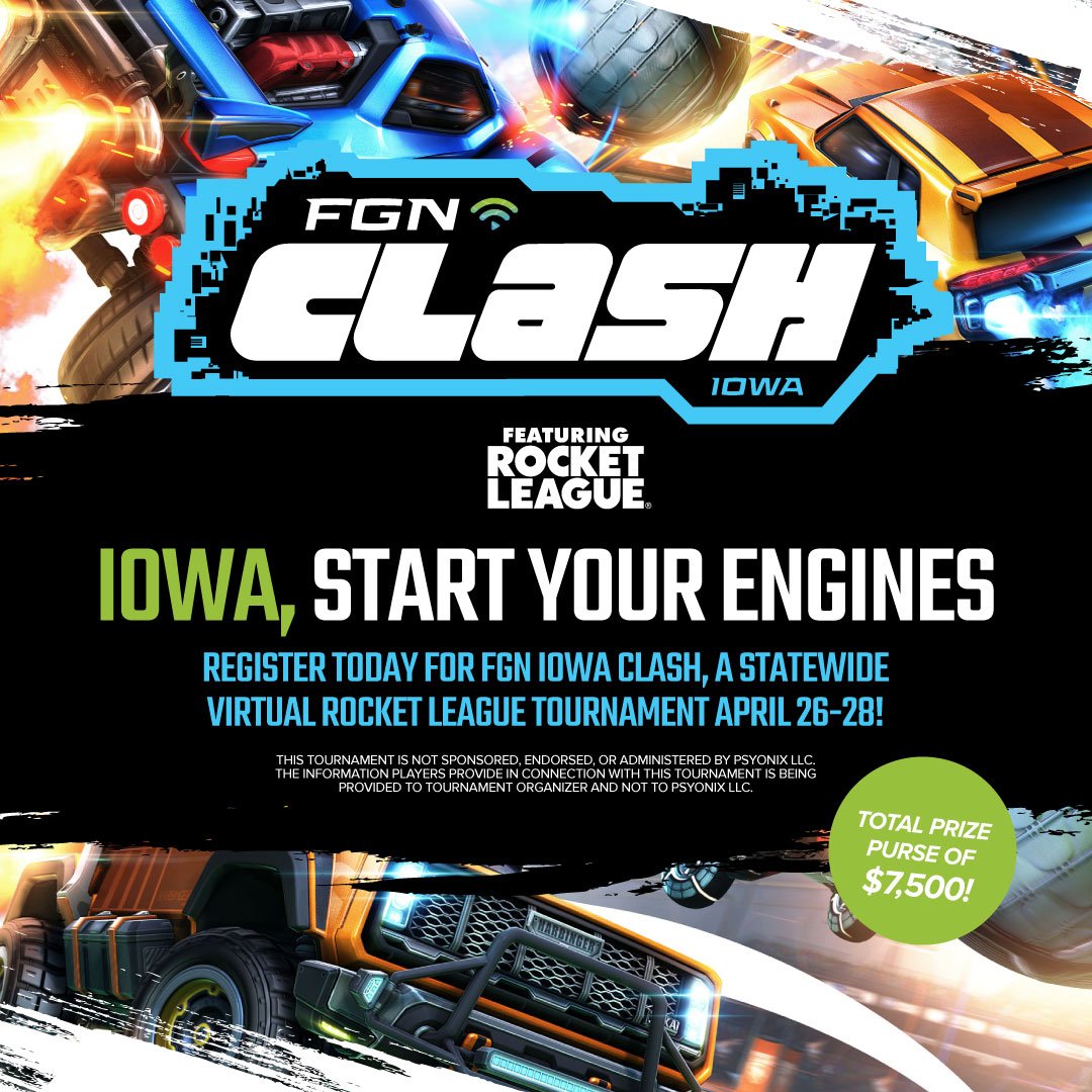_fibergaming's tweet photo. 🚀🏆 Iowa Clash Rocket League Tournament 🏆🚀

📅 Dates: April 26-28, 2024
🎮 Game: Rocket League
📍 Location: Virtual; play on your own device
🔥 Tournament Structure: 3 vs. 3, Single Elimination
📝 Registration Deadline: April 19, 2024

Register: https://t.co/2fqdapdc2u https://t.co/jfZPRUd5LK