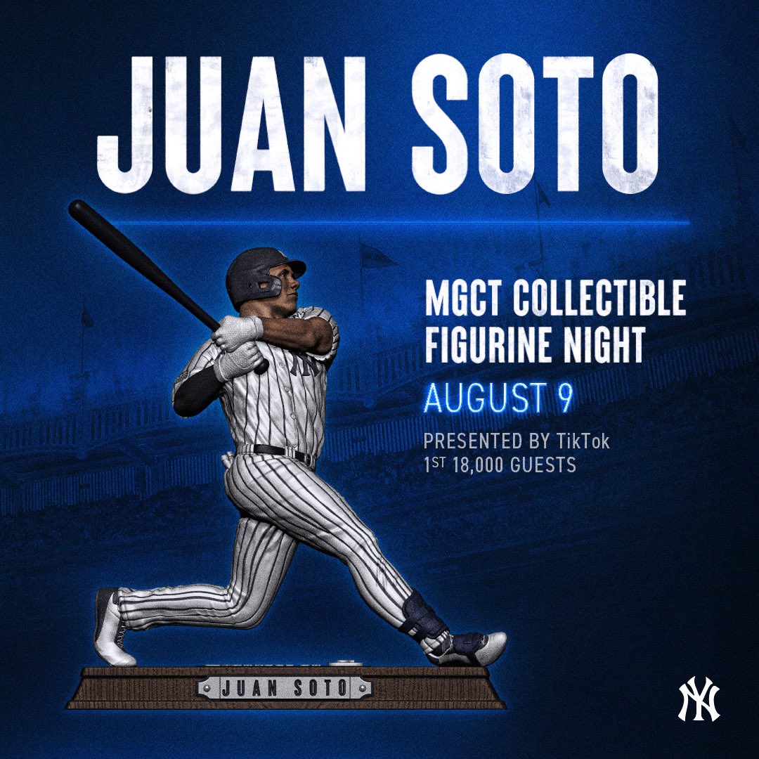 Yankees's tweet image. Shuffle down to Yankee Stadium on Friday, August 9 for MGCT Collectible Figurine Night 🕺

1st 18,000 guests will receive a @JuanSoto25_ figurine 🎟️: bit.ly/3PoxeJ7