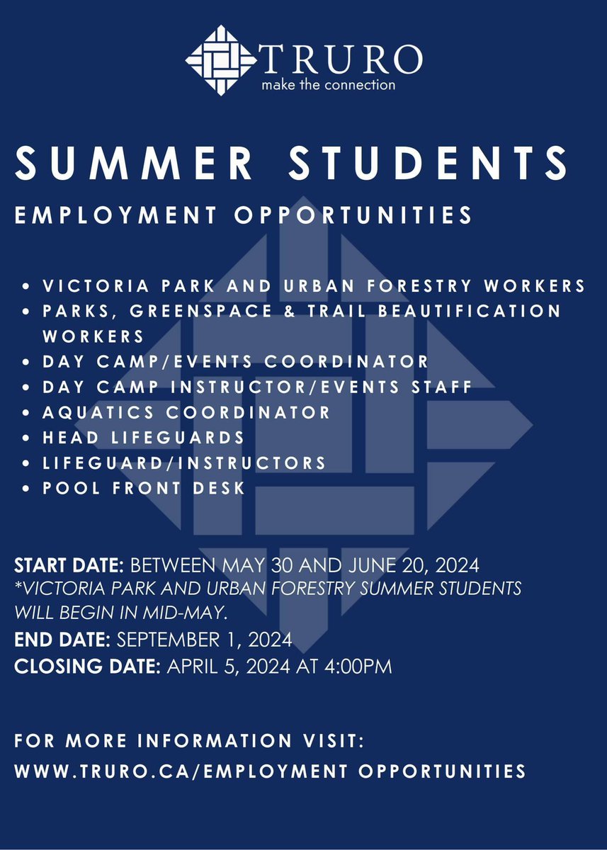 SUMMER STUDENTS- EMPLOYMENT OPPORTUNITY

For more information: truro.ca/employment-opp…