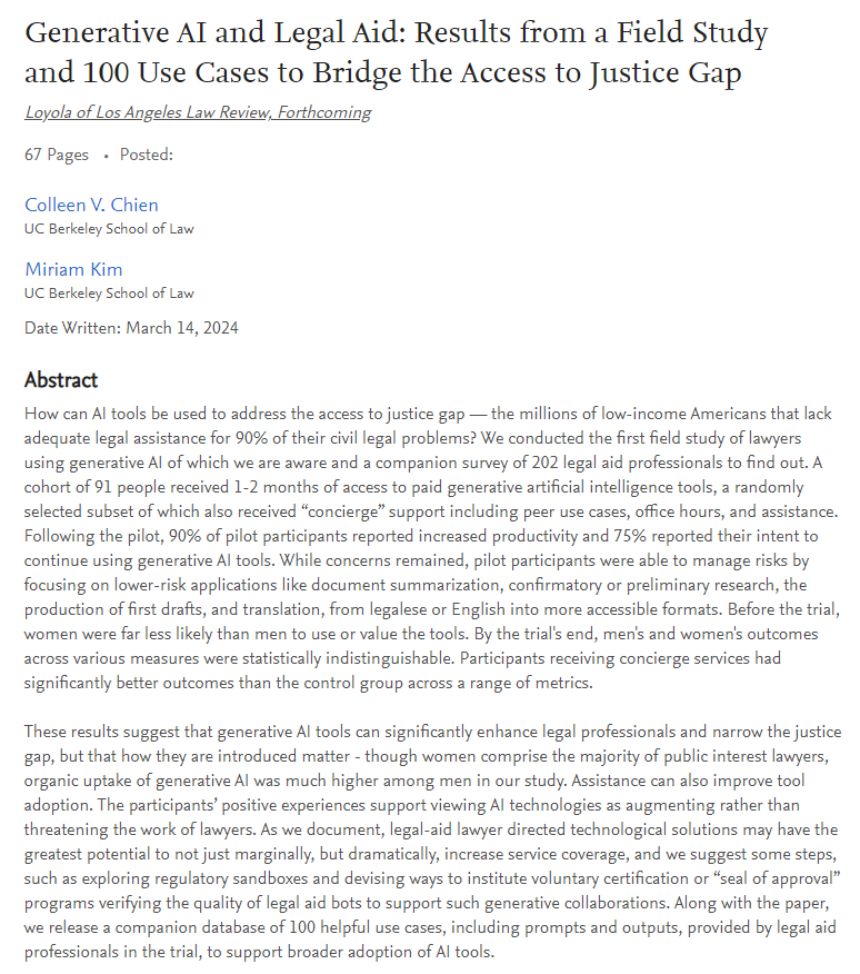 1/ Excited to share results of a survey &amp; randomized field experiment with @miriamkimesq @berkeleylaw : legal aid professionals given paid genAI tools 90% reported increased productivity, 75% would continue use. Paper: papers.ssrn.com/sol3/papers.cf… #AI #A2J