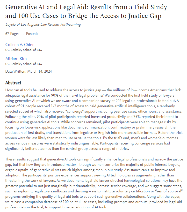 1/ Excited to share results of a survey & randomized field experiment with @miriamkimesq @berkeleylaw : legal aid professionals given paid genAI tools 90% reported increased productivity, 75% would continue use. Paper: papers.ssrn.com/sol3/papers.cf… #AI #A2J