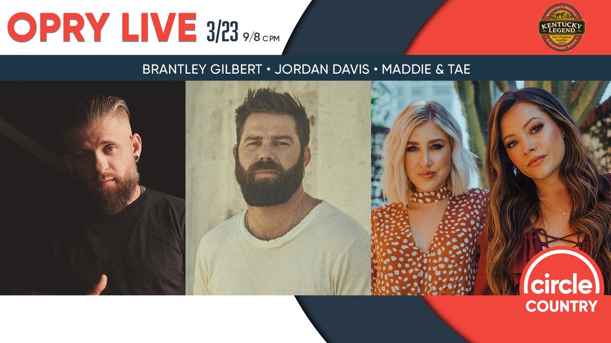 Join us tonight for a previously recorded #OpryLive ft.@JordanCWDavis, @brantleygilbert, and @MaddieandTae at 9/8c pm brought to you by @kentucky_legend. What Legendary Meals are Made of. 😍 Watch on Circle Country, Circle All Access’ Facebook + YouTube, or Circle Now app.