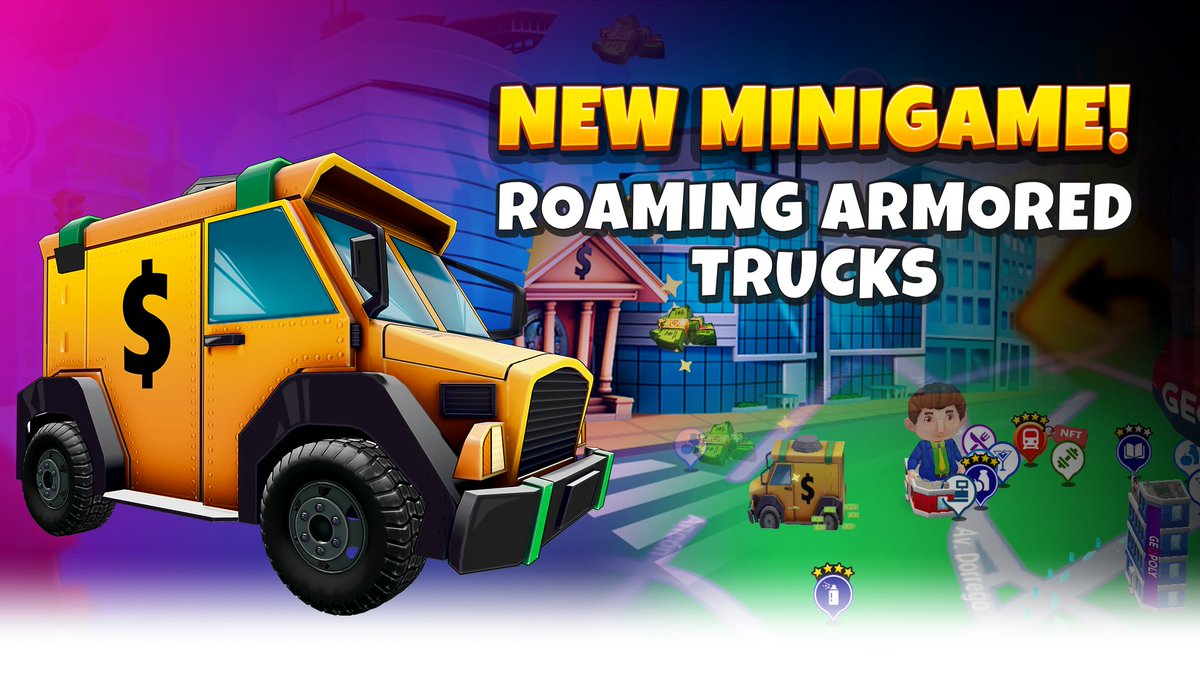 Get ready for Geopoly's newest release: Roaming Armored Trucks mini-game! 🎮 Load up your truck and secure your loot to dominate the streets. Play #Geooply now, have fun driving, and #win some extra #money! 💰