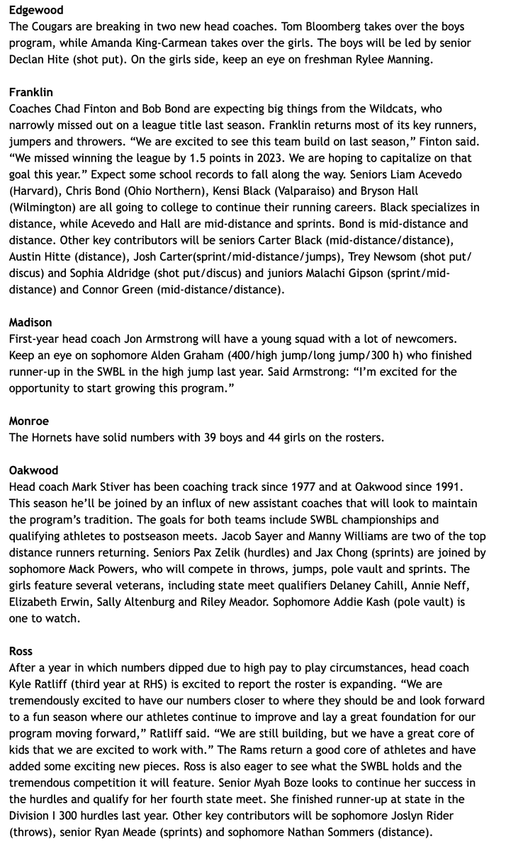 SWBL Track &amp; Field Previews swblsports.com <a href="/vv_spartans/">Valley View Spartans Athletics</a> <a href="/EatonEaglesHS/">Eaton High School</a> <a href="/MadisonMohawks/">Madison Mohawks</a> <a href="/BVILLEATHLETICS/">Brookville Athletics</a> <a href="/Carlisleathlet1/">Carlisleathletics</a> @BellbrookSports <a href="/Coach_ODell/">Charlie O'Dell</a> @OakwoodHigh <a href="/wayne_local/">Wayne Local Schools</a> <a href="/WVilleAD/">Spartan Athletics</a> <a href="/HornetsInGame/">Monroe Athletics</a> <a href="/MonroeLSD/">Monroe Schools</a> <a href="/berryjohnt/">John Berry</a> <a href="/TheEdgeAthletic/">TheEdge_Athletics</a> <a href="/RossRamsAD/">Justin Beck</a> <a href="/stew1133/">Bill Stewart</a>