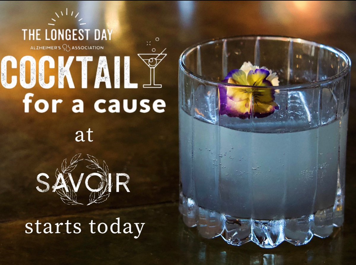 The Longest Day Cocktail for a cause campaign starts today at Savoir! 25% of proceeds of the Til' Tomorrow cocktail will be donated to the Alzheimer’s association! Stop by and see us this week, March 19-24, to order this delightful drink and do good at the same time. 🥂💟