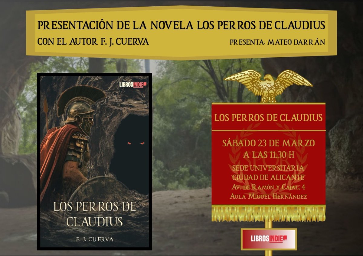 El próximo sábado 23 de marzo presentaré el libro "Los perros de Claudius" de F.J.Cuerva <a href="/malfainer76/">Fran 🦇</a> 
Hablaremos de literatura, de cine, de música, y de esa aventura adictiva que es su novela. 
A las 11:30h en la Sede Universitaria de Ramón y Cajal de Alicante.
Os esperamos!!!