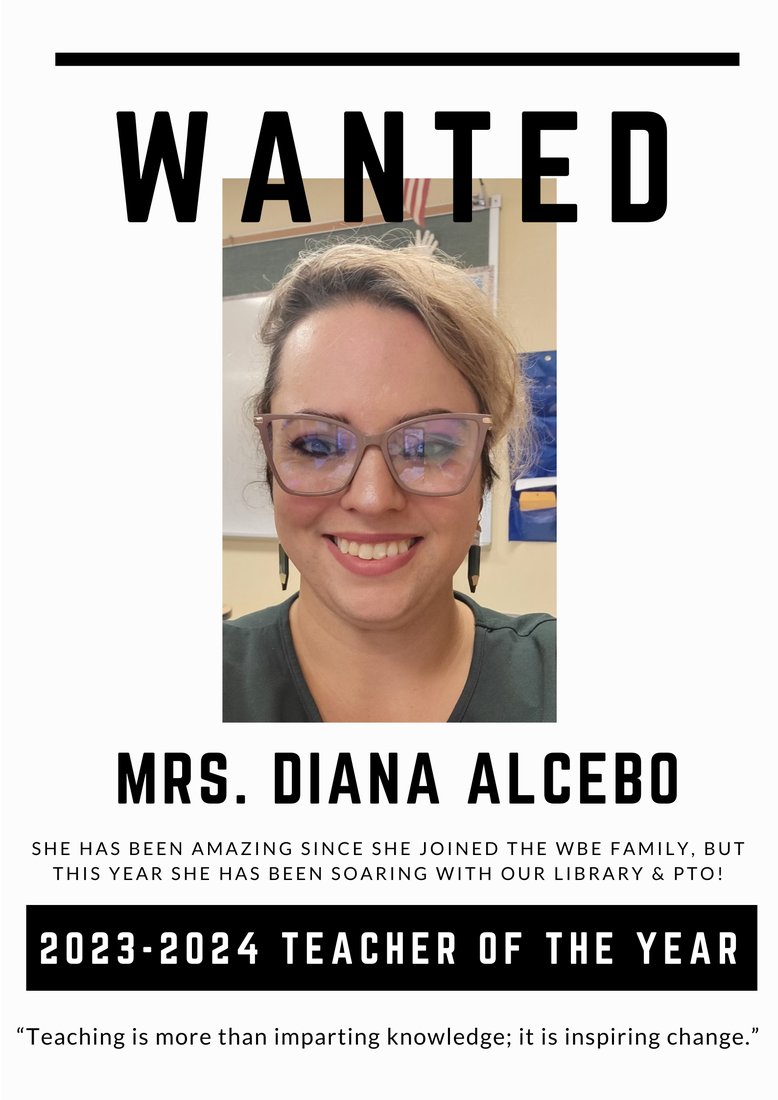 Congratulations to our Walnut Bend 2023-2024 Teacher of the Year, Mrs. Diana Alcebo! Thank you for all that you do at WBE!