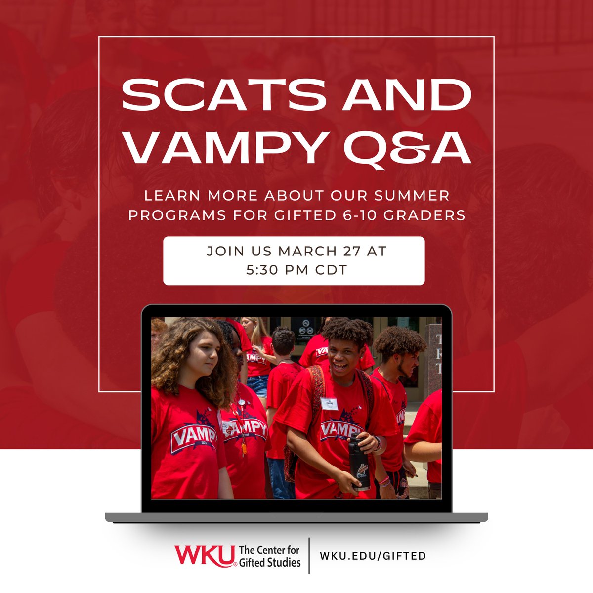 Join us for a live Q&A session about summer programs for gifted students @giftedstudies @wku on March 27 at 5:30 PM Central. Register at wku.zoom.us/webinar/regist… #gtchat #edchat #gifted #giftededucation #talentdevelopment #creativity @WKUCEBS