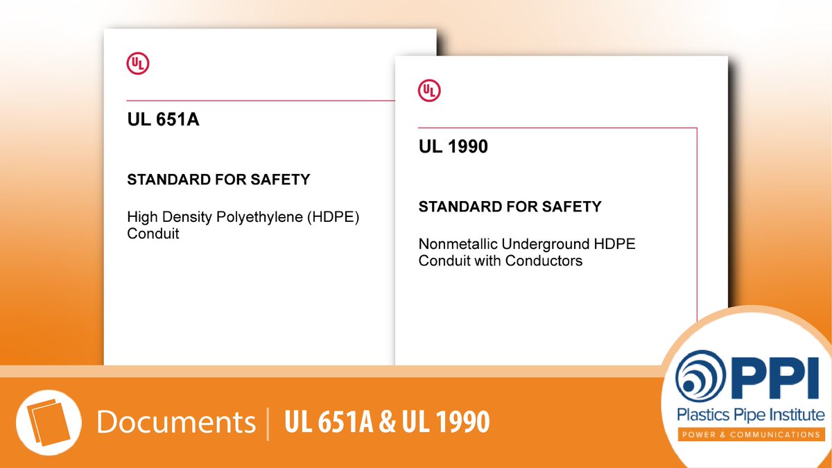 UL 651A and UL 1990 are the standards for #HDPEConduit recognized by the National Electrical Code. UL 1990 for Cable-In-Conduit now references UL 651A for all conduit specific requirements. ow.ly/iaTx50QwqCp #plasticpipeconnects