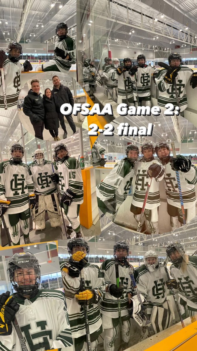 Update on game 2 of OFSAA for our HC girls hockey team: 2-2 tie with West Niagara. Next game: Wednesday at 8am. Good luck HC! 💚🤍