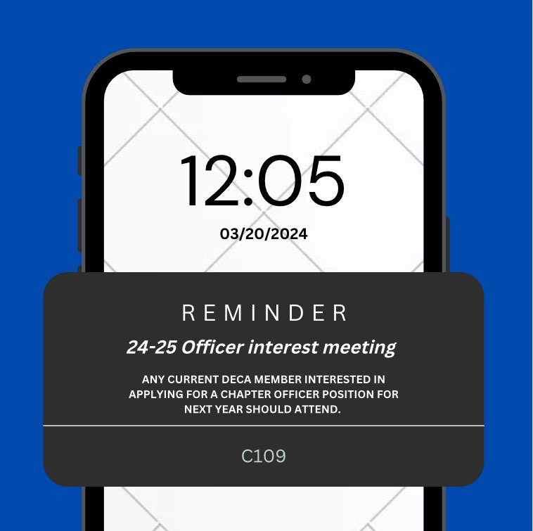 MHS DECA members tomorrow 3/20/2024 we will have a meeting for ANY CURRENT DECA members that would like to run for an officer position for the next school year 2024-2025 in Mrs.Saucer’s room!